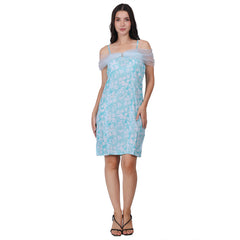blue net buff dress